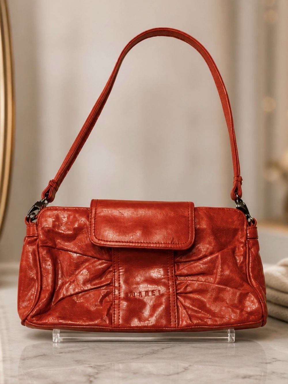 Vintage Red leather Janel Satchel with Glossy Finish and Adjustable Strap